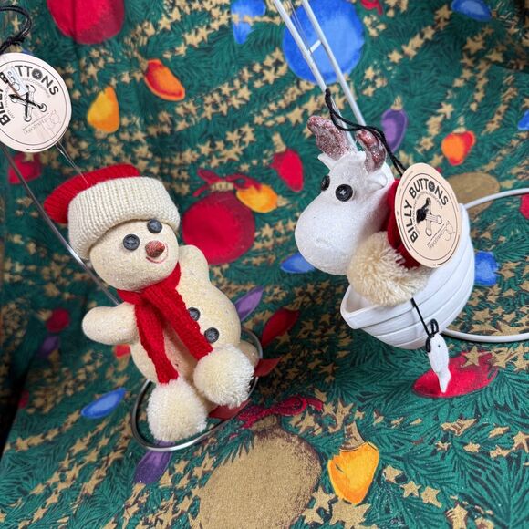Lot Of 2 Dept 56 Billy Buttons Ornaments Snowman Skiing Moose Fishing Boat Tag - Picture 1 of 13